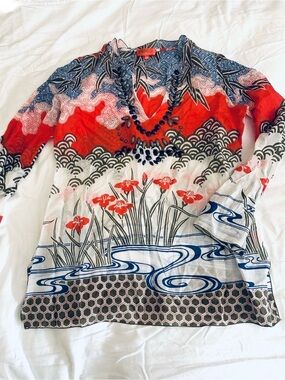 Hale Bob Cabana Silk Cotton Blend Long Sleeve Tunic Multicolor Top Size M